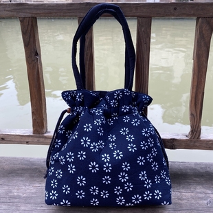 手工蜡染蓝印花布女士手提包抽绳束口小碎花布包T乌镇特色抽带手