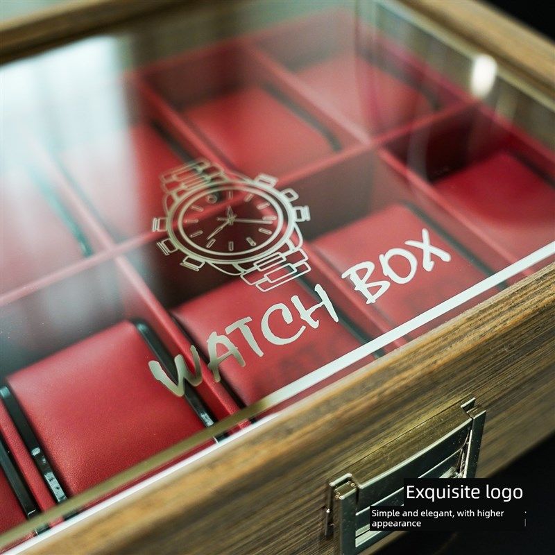 黑胡桃木纹10位手表收纳盒波尔多红PU内饰10祇装腕表收藏展示箱子