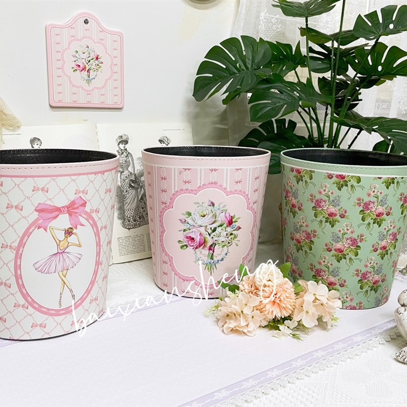 bby新款欧洲小桶 碎花蝴蝶结手绘破旧玫瑰家用无盖美式田园垃圾桶
