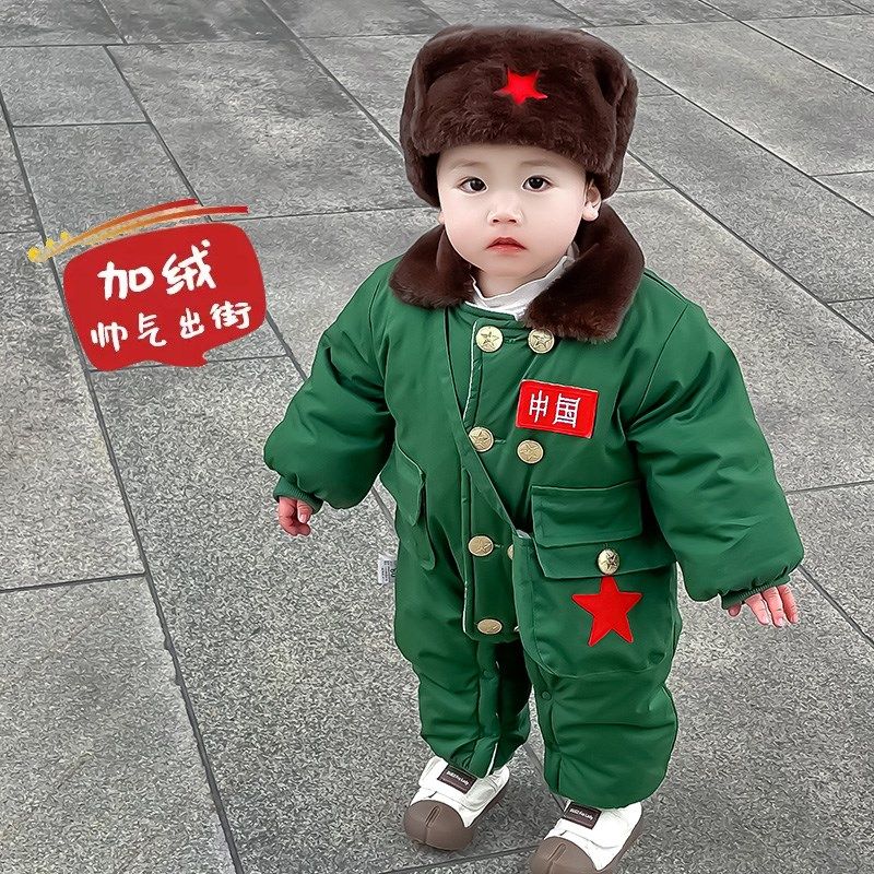 宝宝军大衣连体衣加绒加厚保暖婴儿冬装棉衣6-12月外出爬服冬季3