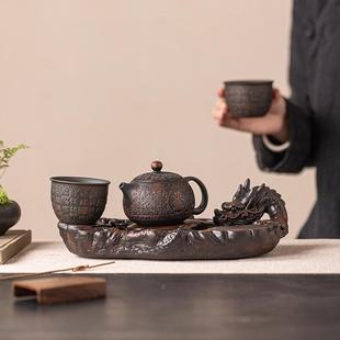 简紫陶新中式 CTY074复古小型功夫茶盘茶具家用茶托储水约干排泡水