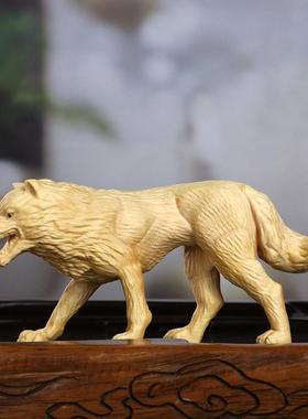 黄ZCG杨木雕木质雕雪品地狼木雕狼摆件送动礼刻礼装饰物狼威猛狼