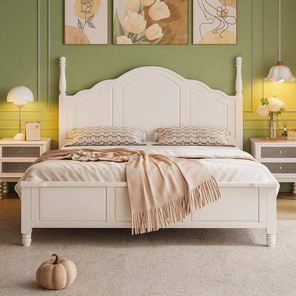 法式yf342奶油风实简木床现代1米8大床5架1.m女生卧约室白色美式