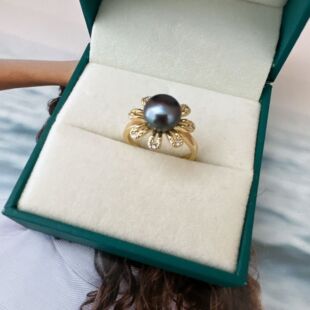 正品淡水珍珠黑色戒指指环扁圆珍珠S925银注金强光简约女款