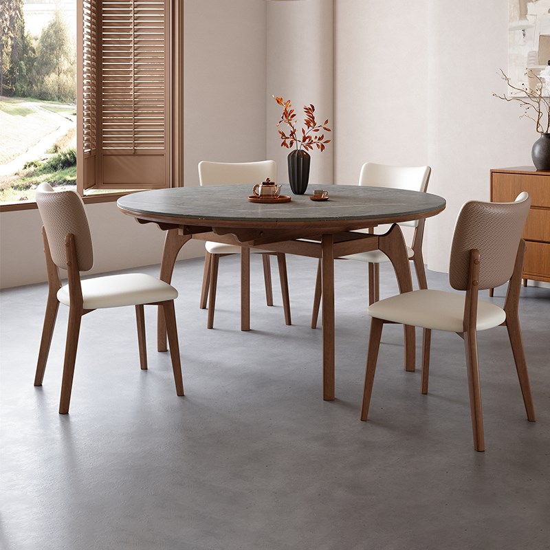 简约白蜡木岩板餐桌复古大小户型可伸缩饭桌圆形饭U桌轻奢实木桌