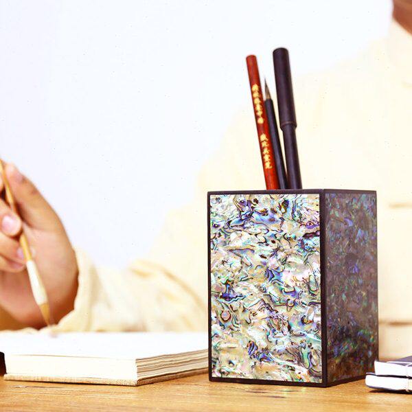 家实木笔筒复古中国风赋比兴 国桌面创意文房四宝面钿镶嵌文房四