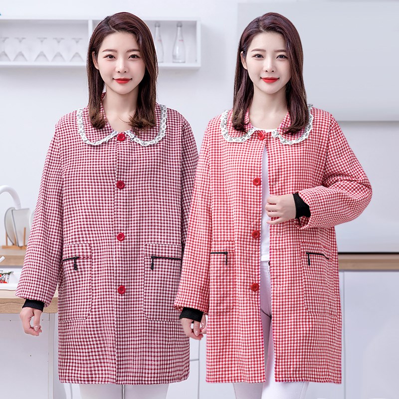 时尚女棉布罩衣家用厨房做饭长袖B围裙加肥正穿大褂防污带袖工作