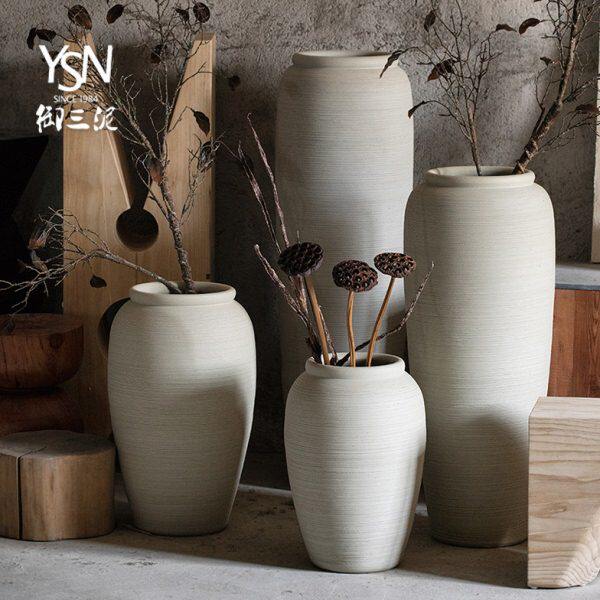 侘寂白色干花米落地客厅粗陶新款摆件装饰插陶瓷大花瓶罐简约客厅