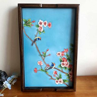 43x28老榆木镶嵌瓷板画仿古卷轴茶盘新中式家用客厅装饰摆件干泡