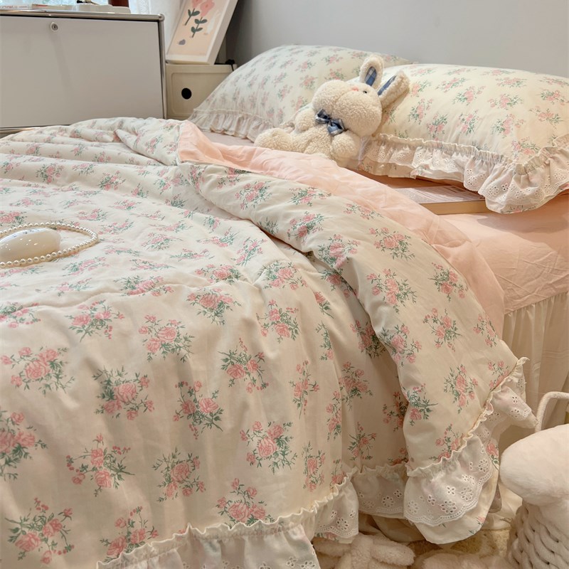 仙女款花边全棉空调被四件套亲肤可机洗纯棉夏被ins韩国薄被子