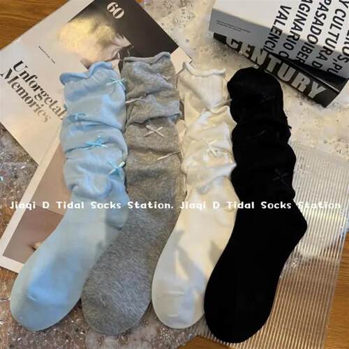 春夏薄款jk风及膝小腿袜女长C筒蝴蝶结纯欲堆堆袜卷边无骨袜
