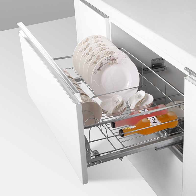 单层厨房橱柜不锈钢拉篮碗碟盘架拉蓝开门抽屉式调味拉兰栏阻尼轨
