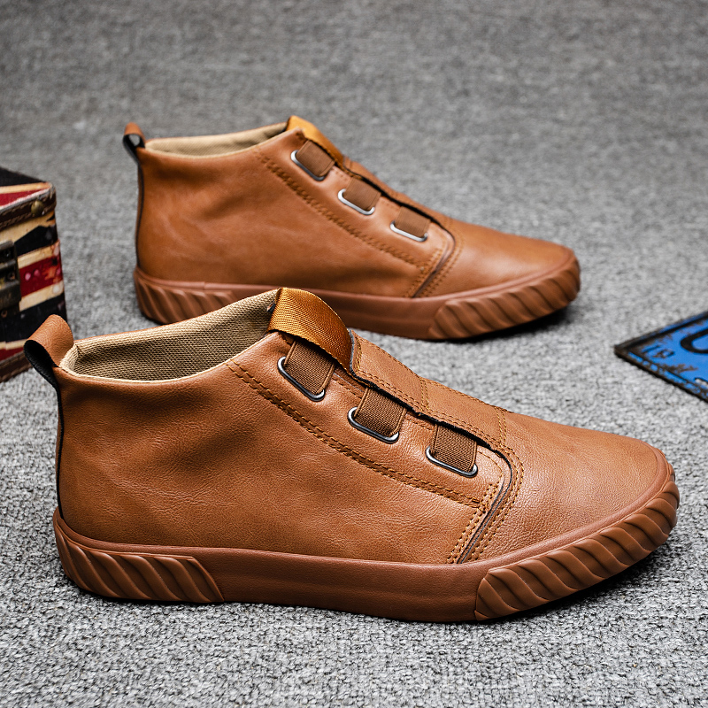 高帮皮鞋男士英伦风黑色短靴子夏季透气板鞋一脚蹬板鞋男马丁靴男