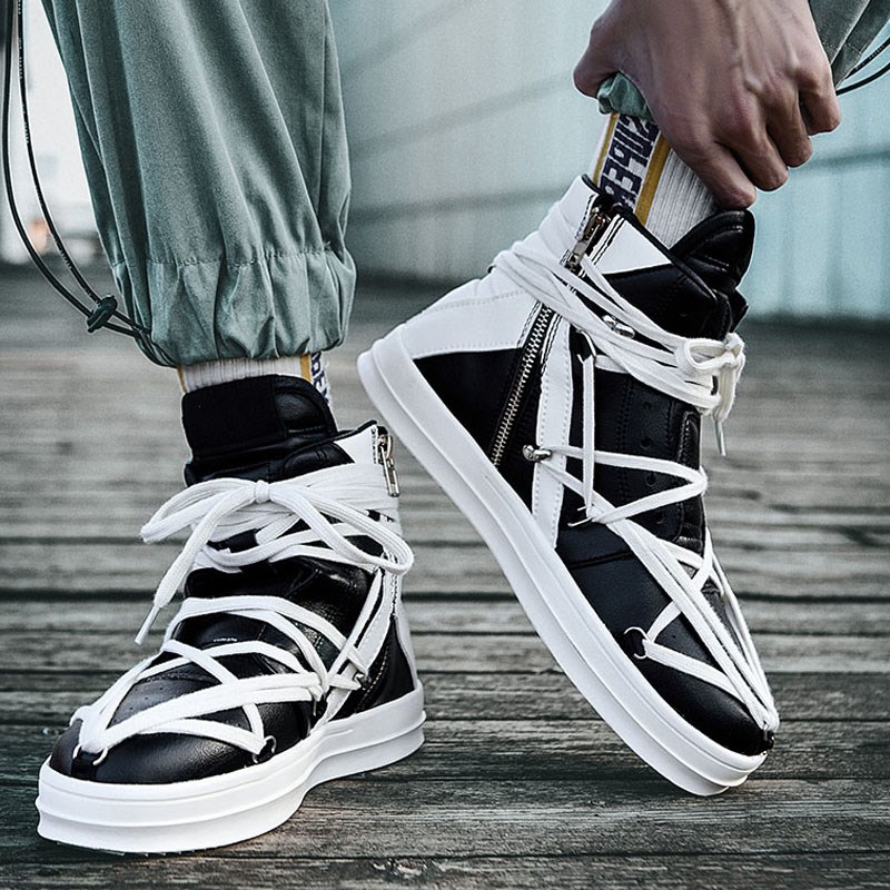 ro鞋子男五芒星倒三角潮流高帮系带男士板鞋厚底内增高马丁靴短靴