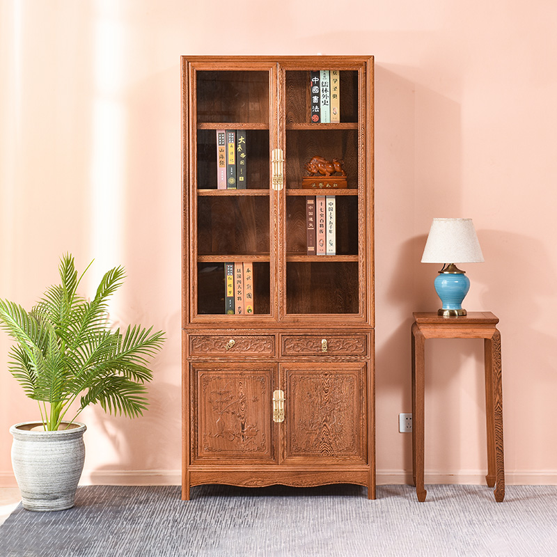 鸡翅木陈列柜明式书架带玻璃门中A式书橱柜实木储物柜红木家具书
