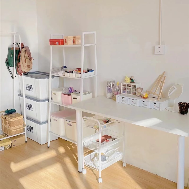 可爱ins学生书架卧室床头置物架化妆品储物架置地式收纳架落地白