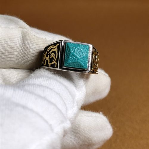 天然绿松石戒指 手工锤纹 镶嵌 银托活口 可调节 珠宝 包邮