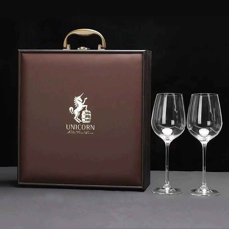 新款带杯红酒礼盒包装盒高档单双瓶红酒木盒子2支装葡萄酒箱定制