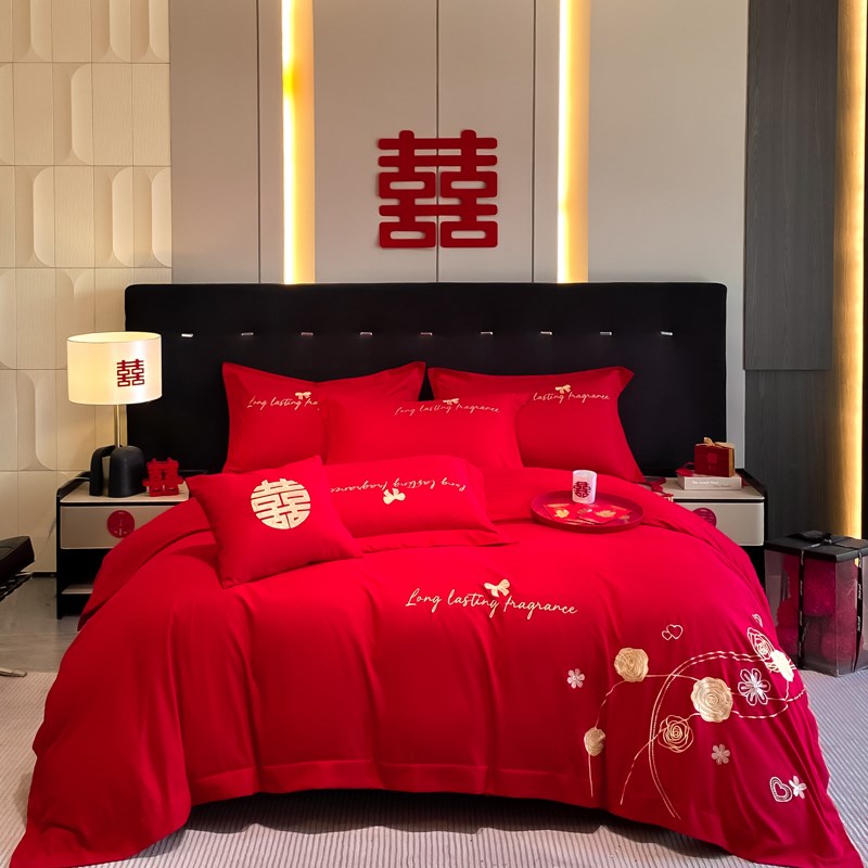 新款中式婚庆四件套红色刺绣婚房婚礼绣花喜被结婚被套罩床上用品