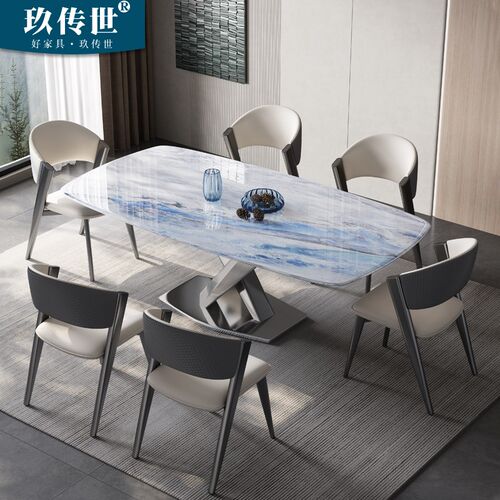 高端不锈钢超f晶石餐桌家用小户型天然大理石西餐桌微晶石奢石桌