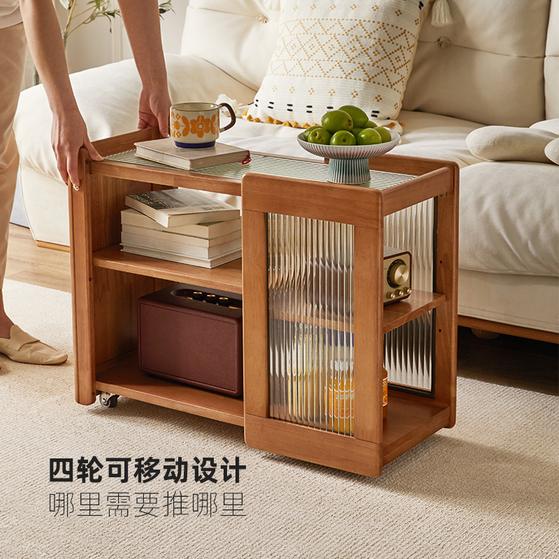 实木阳台桌可移动j小推车北欧客厅沙发侧边柜茶几收纳柜子边几角