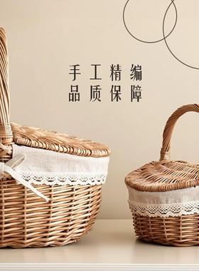 春游收盖纳篮ZEM田园ins温风织柳编编手提户外带保网红野餐