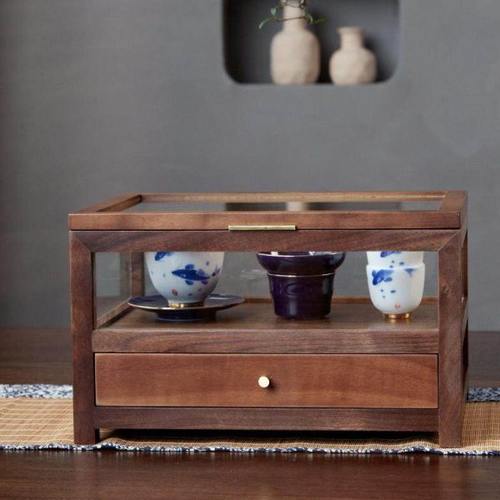 北美黑胡桃木防尘透明五面玻璃柜博古架茶具收纳柜茶几首饰展示盒