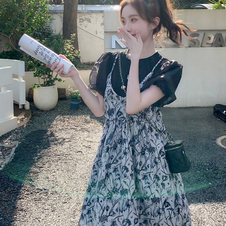 森系女夏小个子仙女裙小个子碎花连衣裙假两件洋气超仙黑色网红