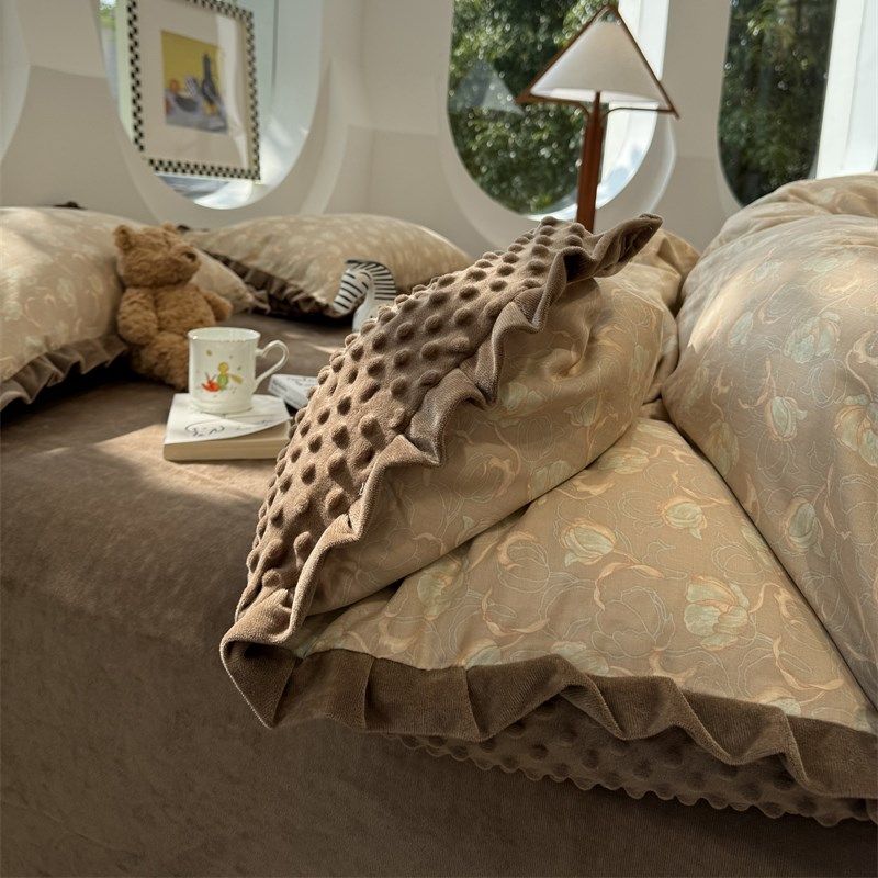 田园双层纱加豆豆绒咖色碎花少女心四件套1.5m1.8米冬季加厚保暖