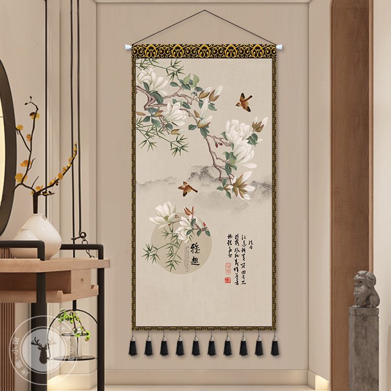 布艺现代中式富贵客厅装饰画挂布背景布竖版入户挂画挂毯玄关牡丹图片