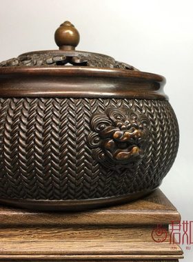 狮雕花宝六德摆件仿古头香炉典雅铜盘香字真言铜炉熏香炉宣全铜八
