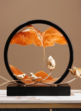 创意新中式荷塘月色流沙画沙漏摆件家居客厅办公室装X饰品乔迁新