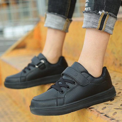 皮面儿童鞋子全黑色10小学生板鞋男童白色运动鞋38码女孩球鞋12岁