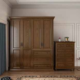 美式纯实木衣柜定制简约衣帽间整体加高大衣橱白蜡木柜子卧室收纳