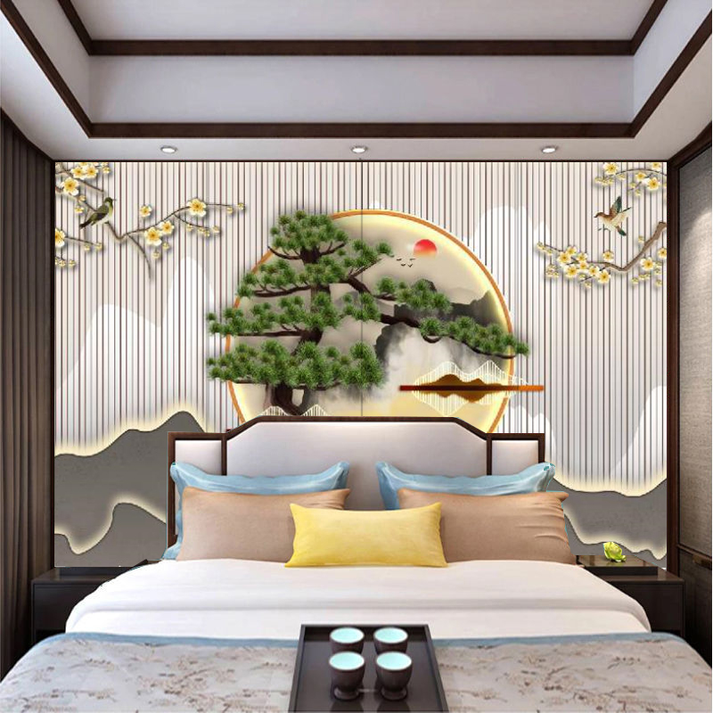 定制新中式背景墙软包硬包客厅电视沙发卧室床头装饰画刺绣壁画图片
