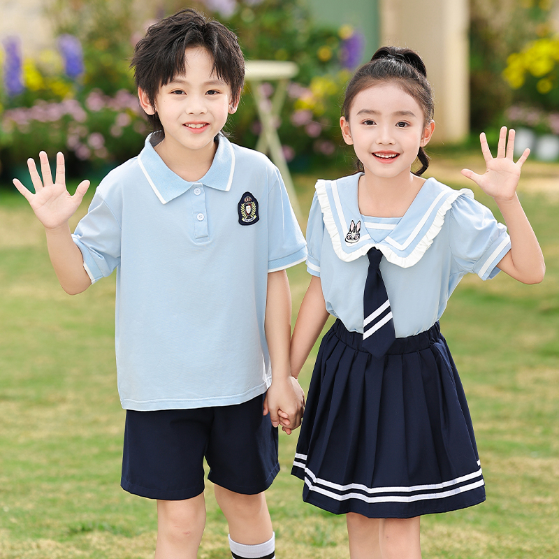 幼儿园园服夏装学院风蓝色纯棉儿童毕业照班服小学生校服套装夏季