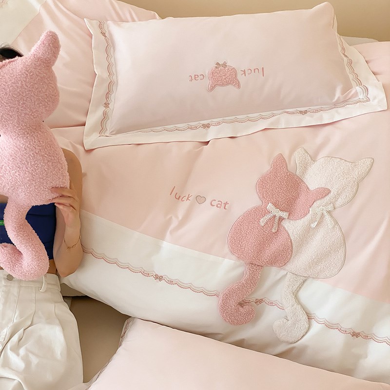 可爱公主风100S全棉磨毛床单四件套秋冬加厚被套粉色小猫床上用品