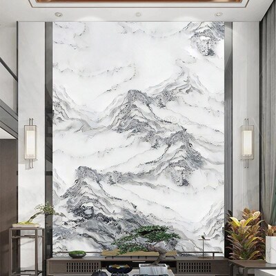 新中式岩复式楼微晶墙瓷砖客厅空影视板楼大理石电视背景墙楼挑中
