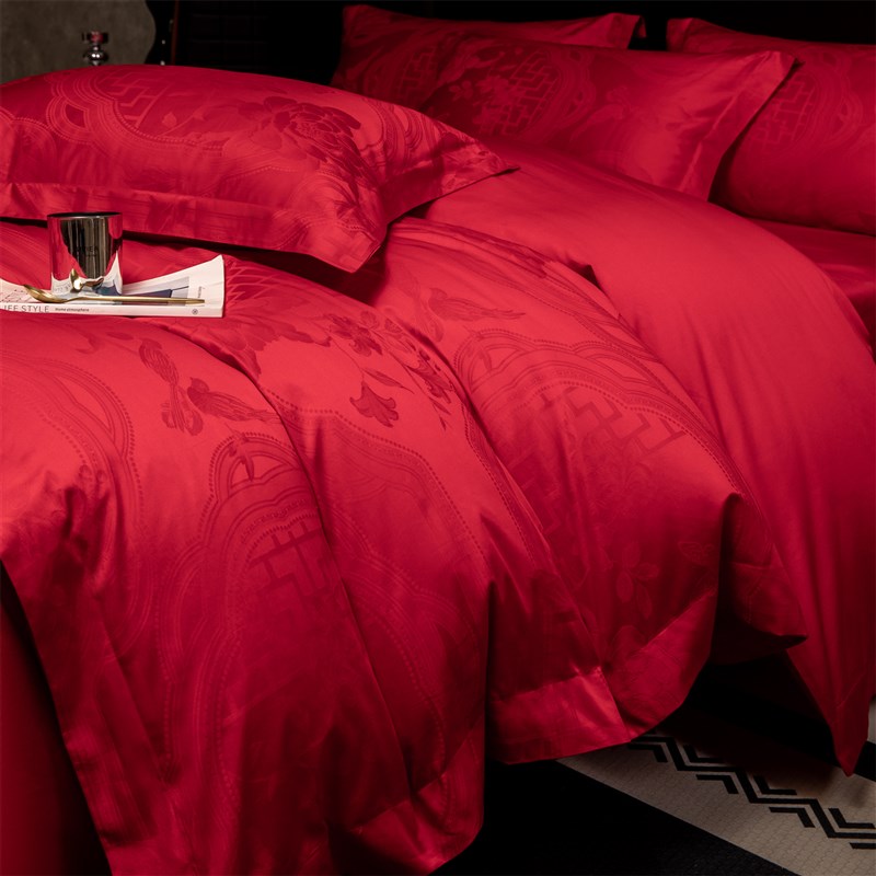 高档中式婚庆四件套大红色新婚陪嫁被套纯棉结婚床上用品婚房喜被