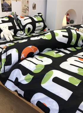 学院风黑色字母床上用品四件套床D单被套单人宿舍三件套男生被罩
