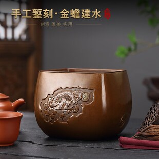 紫铜茶杯洗錾刻茶洗家用茶渣缸带盖建水功夫水盂茶X具配件废水缸
