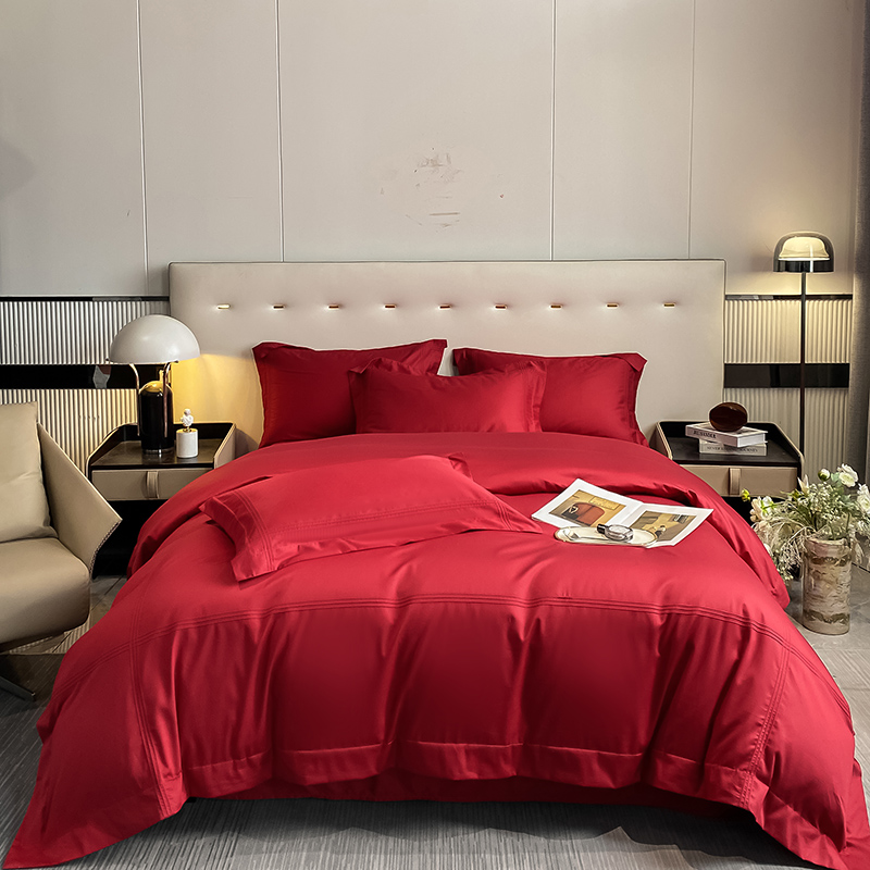 简约高级结婚铺牀上用品100支长绒棉纯棉红色牀单婚庆纯色四件套4