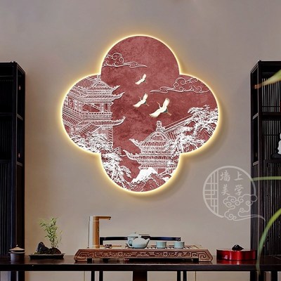 新中式琼楼玉宇玄关装饰画茶室走廊过道挂画客厅餐厅背景墙壁灯