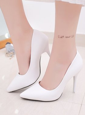 白色皮鞋高跟鞋女大码中跟3-5-7cm浅口小清新工作职业学生礼仪单