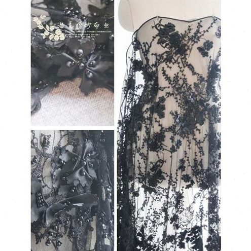 立体晚礼服拖尾刺绣G2绣花花朵旗袍服装辅料2面料钉珠黑色蕾丝