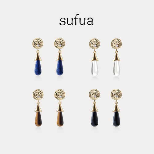 sufua天然石白水晶高级水滴耳环