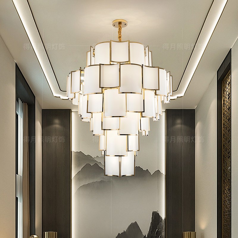 新中式复式d楼中国风大吊灯瓦片玻璃豪华会所跃层别墅客厅大堂吊