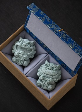 小清新可爱石狮子招财进宝一对z礼盒装创意风狮爷茶宠摆件鱼缸造