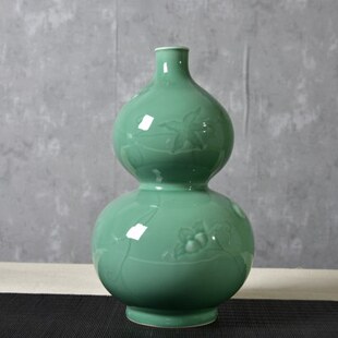 龙泉青瓷刻花葫芦瓶陶瓷工艺品摆件样板间装饰中式大花瓶精致创意