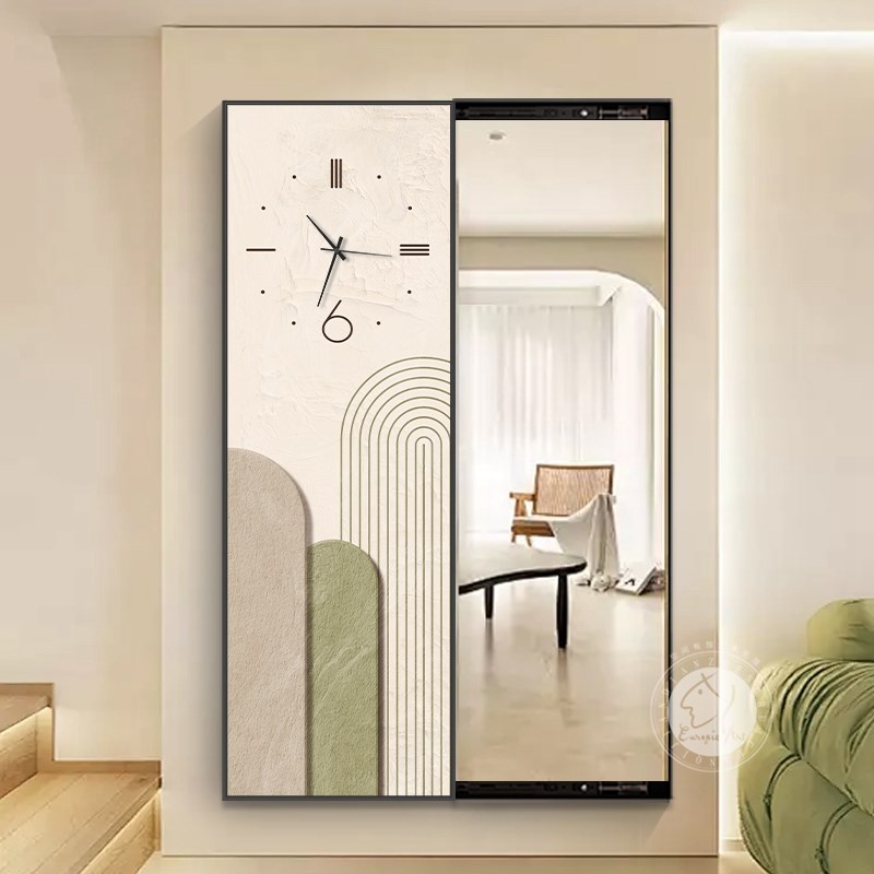 简约现代隐藏式全身镜装饰画翻开穿衣镜推拉可关闭玄关钟表壁画
